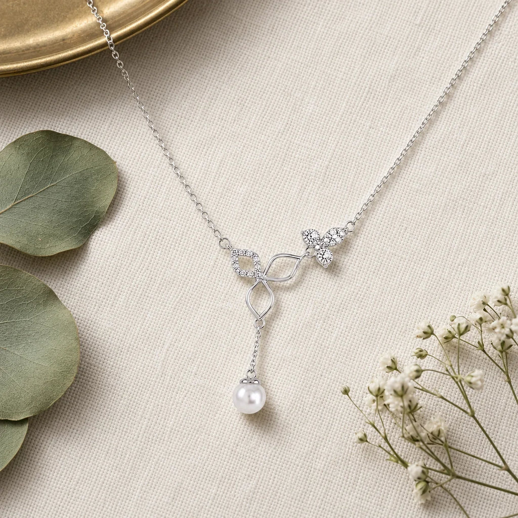 Floral Leaf Pearl Drop Pendant Necklace