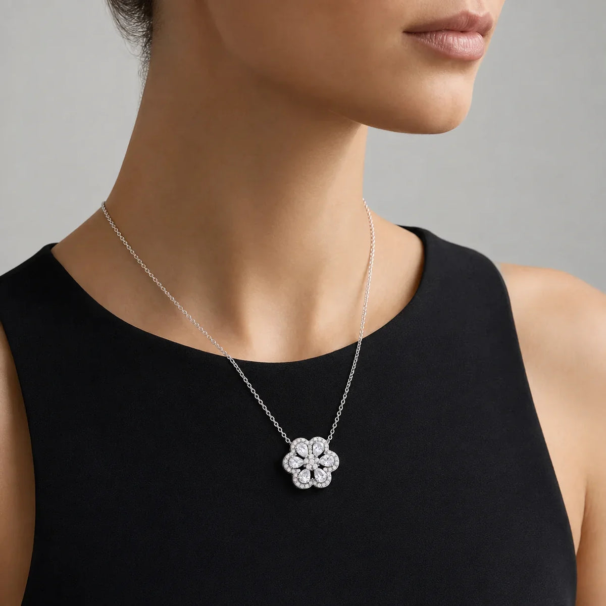 Floral Cluster Cubic Zirconia Pendant Necklace