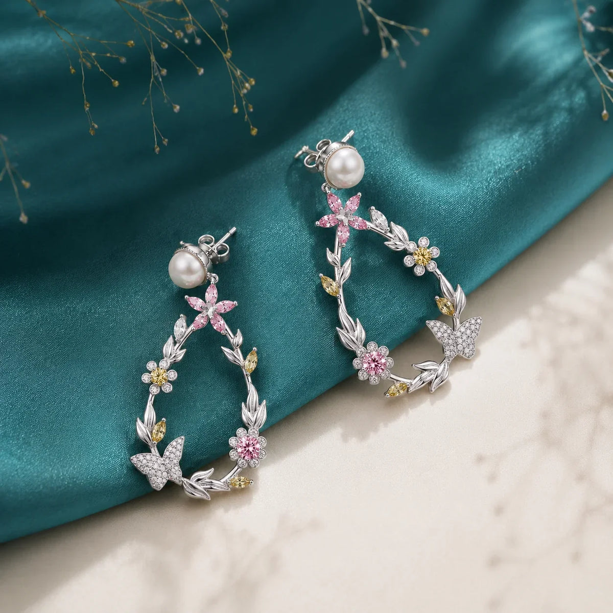 Floral Butterfly Wreath Pearl Earrings