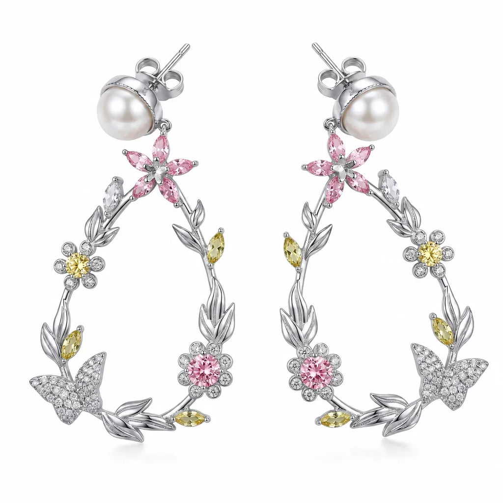 Floral Butterfly Wreath Pearl Earrings