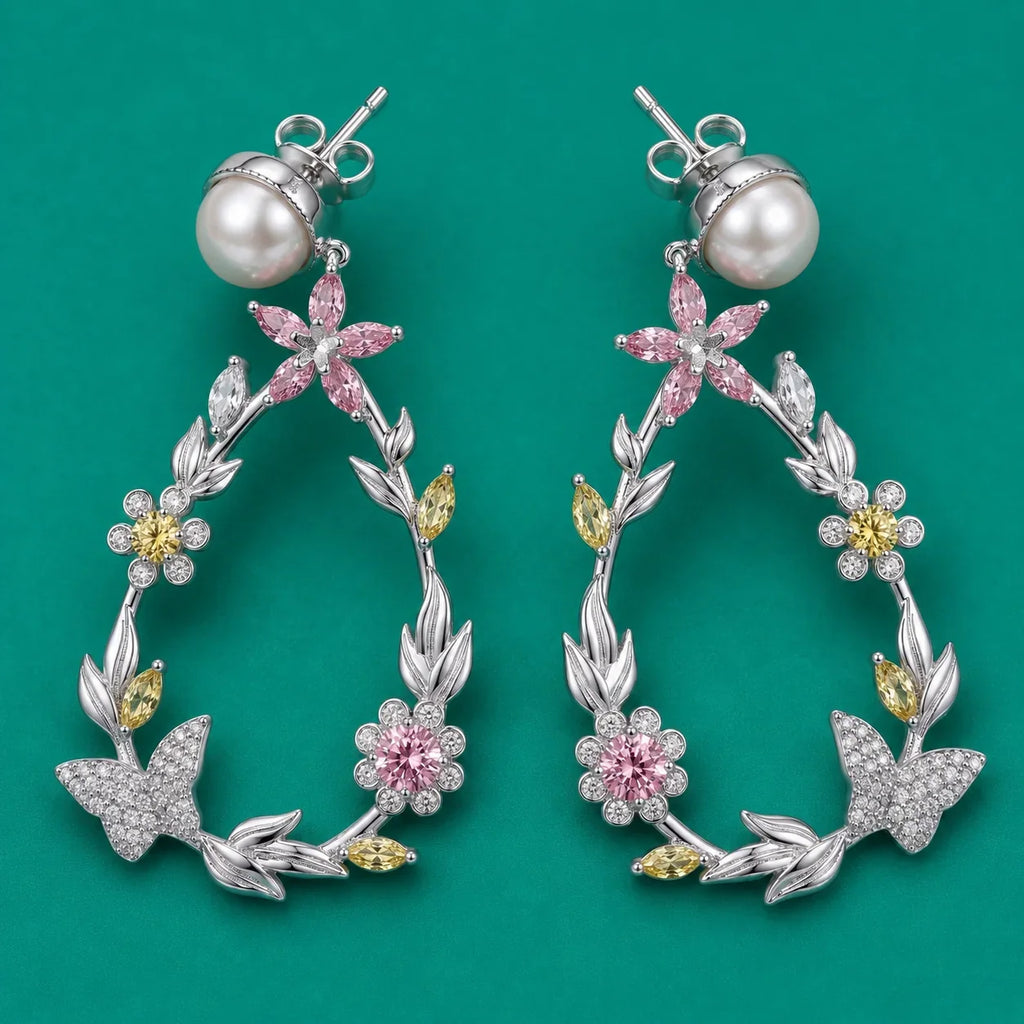 Floral Butterfly Wreath Pearl Earrings