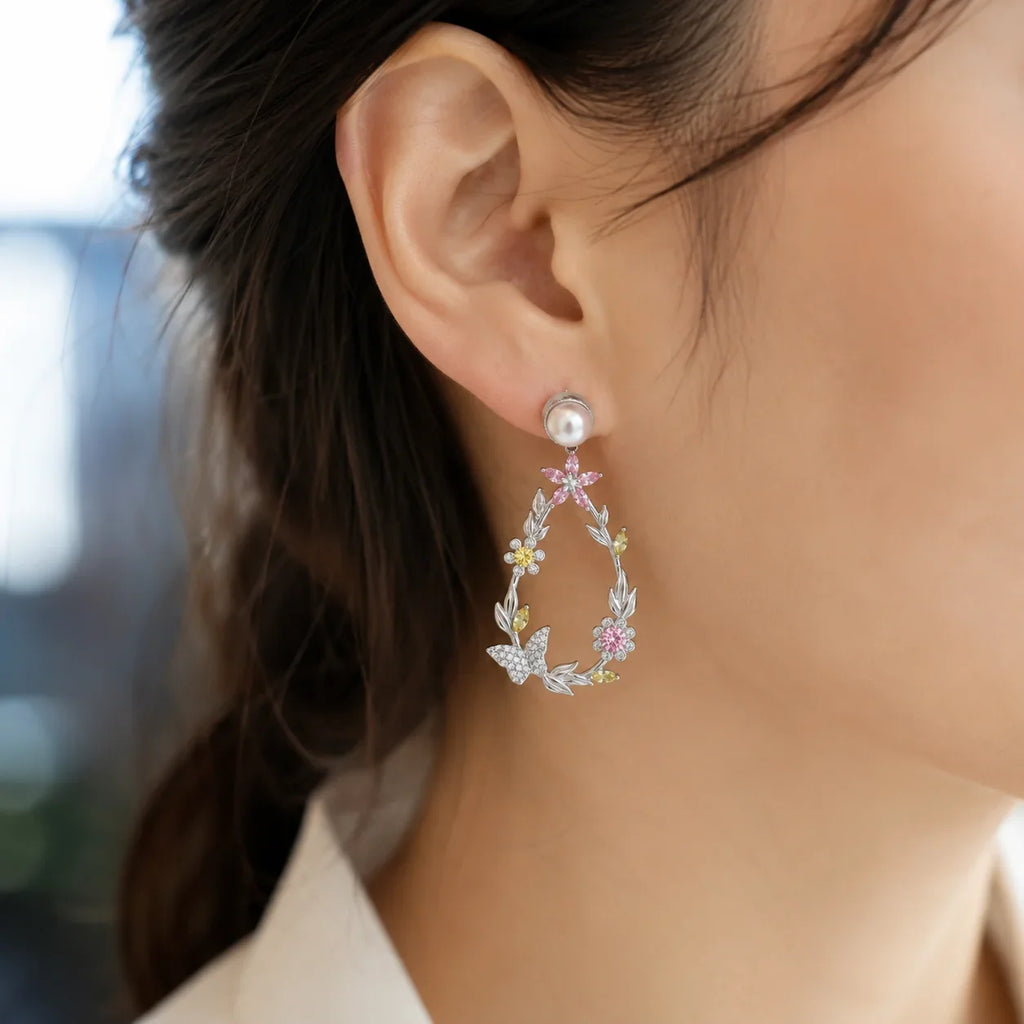 Floral Butterfly Wreath Pearl Earrings