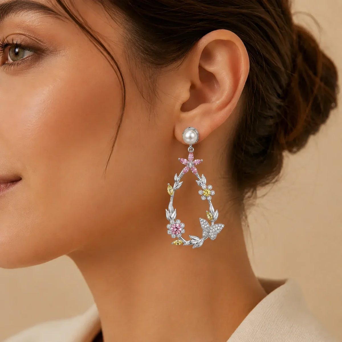 Floral Butterfly Wreath Pearl Earrings