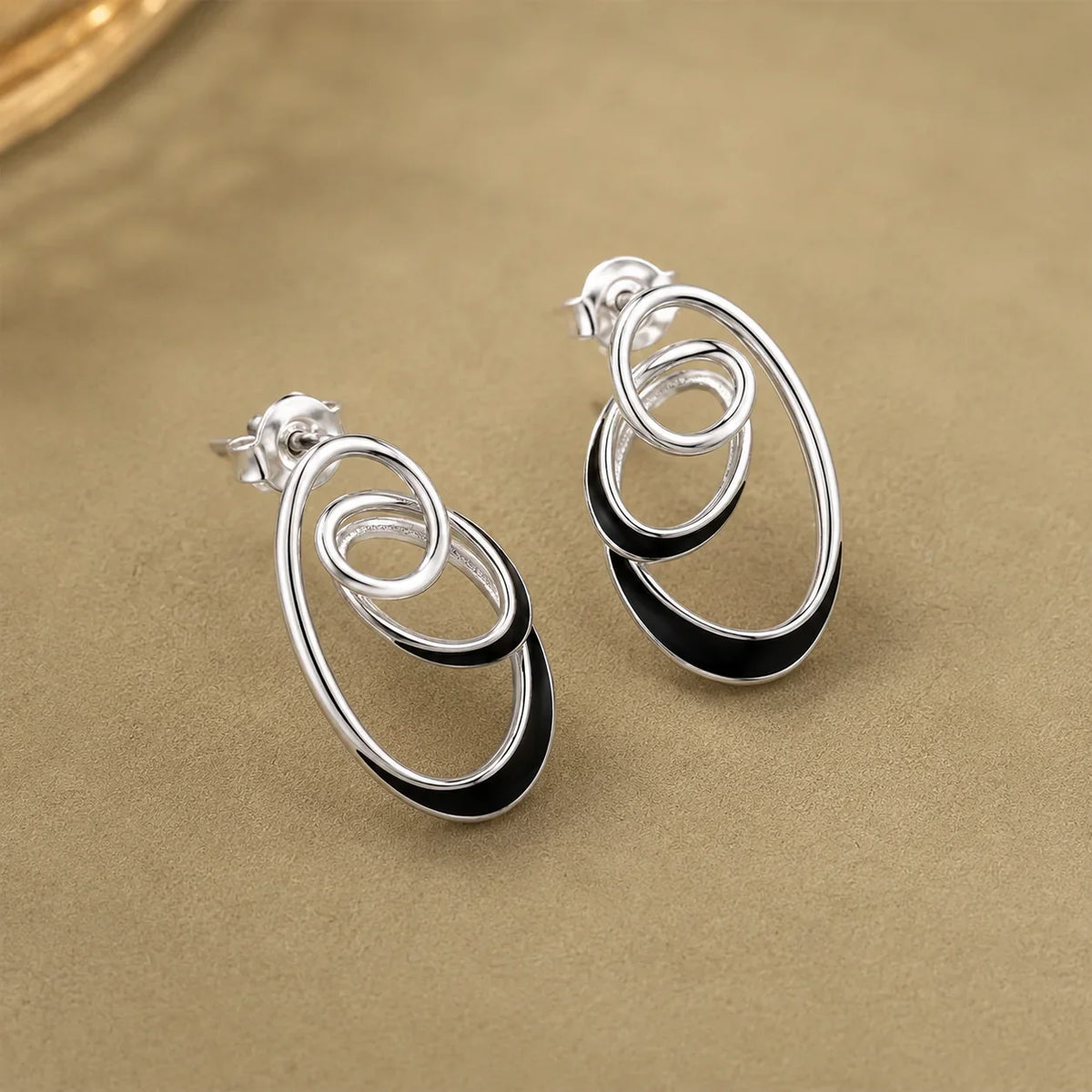 Black Enamel Concentric Oval Earrings