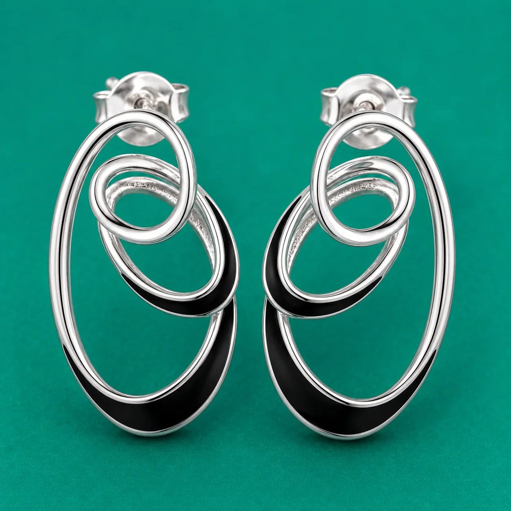 Black Enamel Concentric Oval Earrings