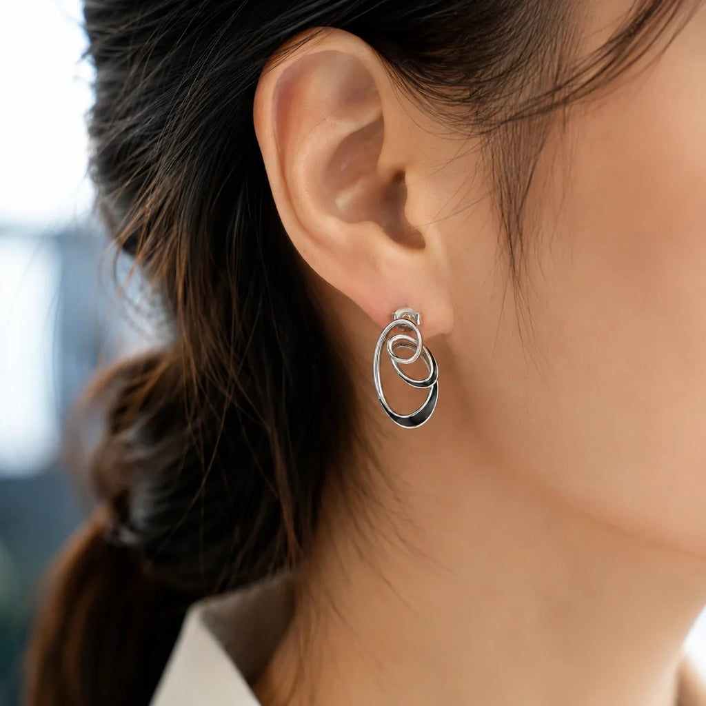 Black Enamel Concentric Oval Earrings