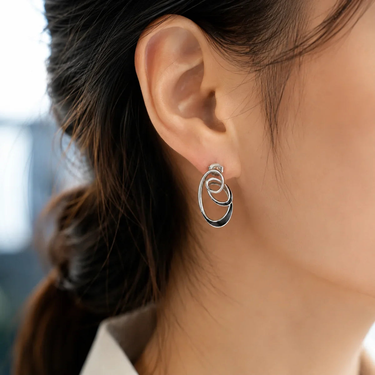 Black Enamel Concentric Oval Earrings