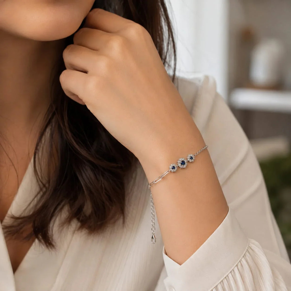 Blue Stone Halo Chain Bracelet