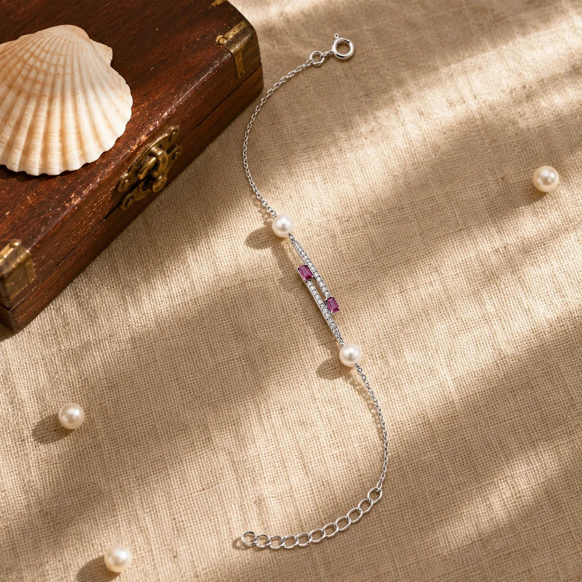Pearl & Pink Stone Chain Bracelet