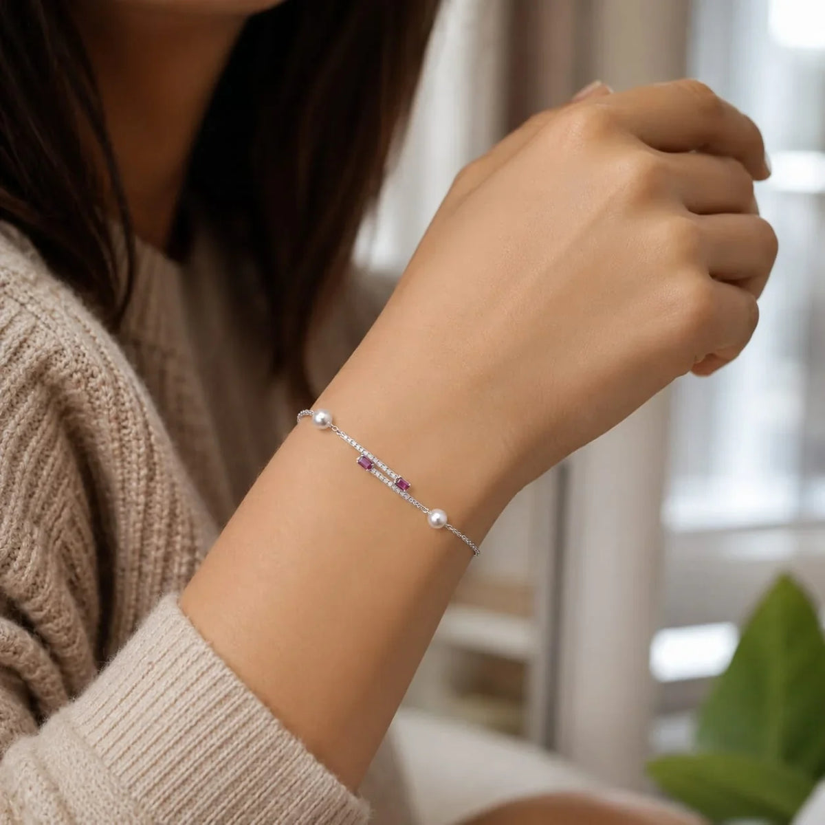 Pearl & Pink Stone Chain Bracelet