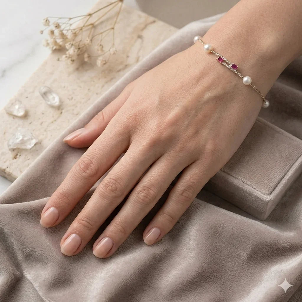 Pearl & Pink Stone Chain Bracelet