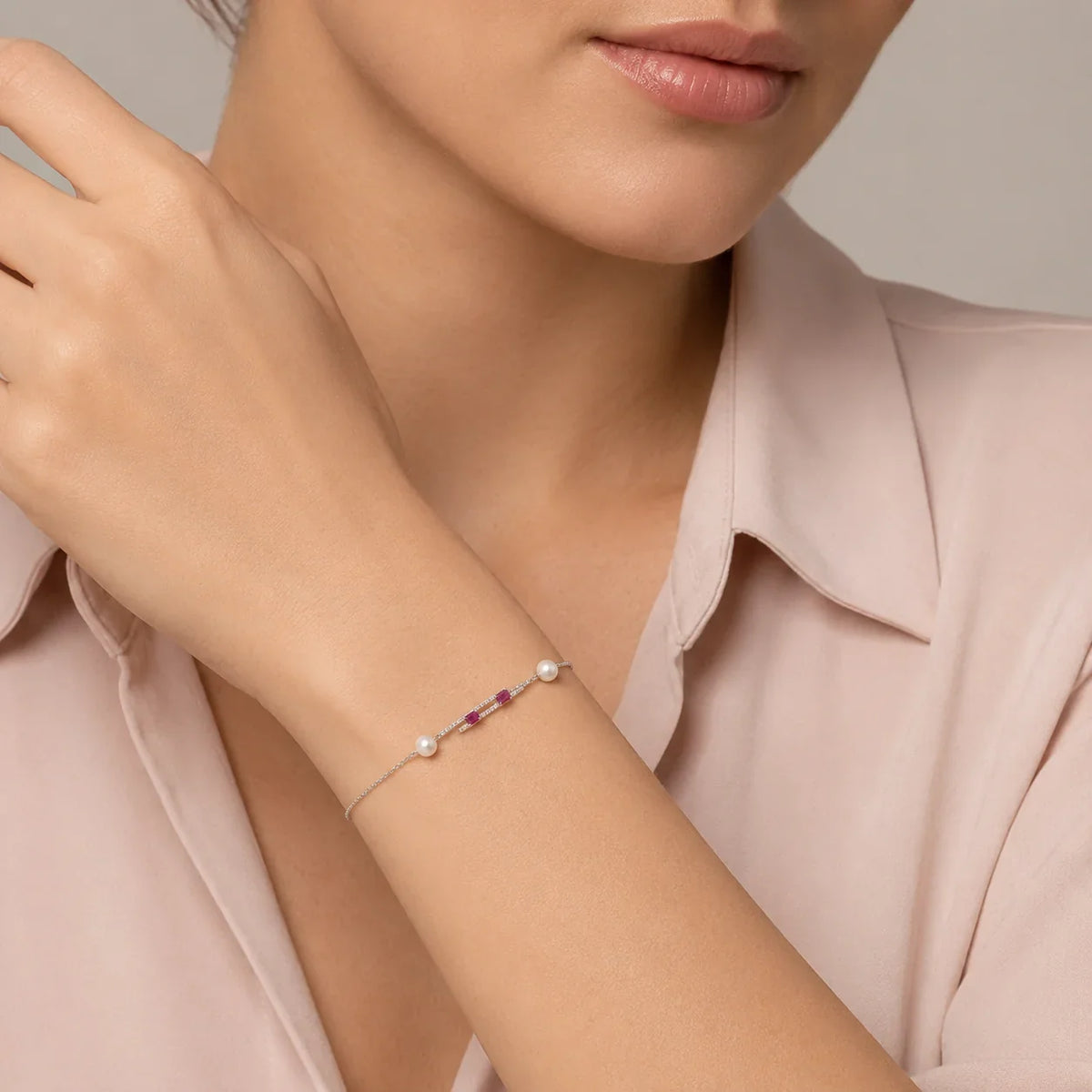 Pearl & Pink Stone Chain Bracelet
