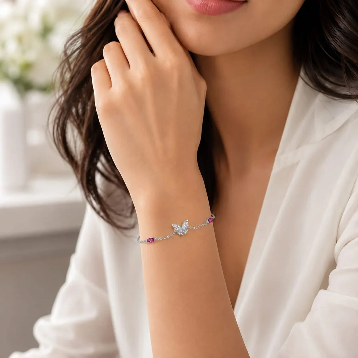 Pink Stone Butterfly Chain Bracelet