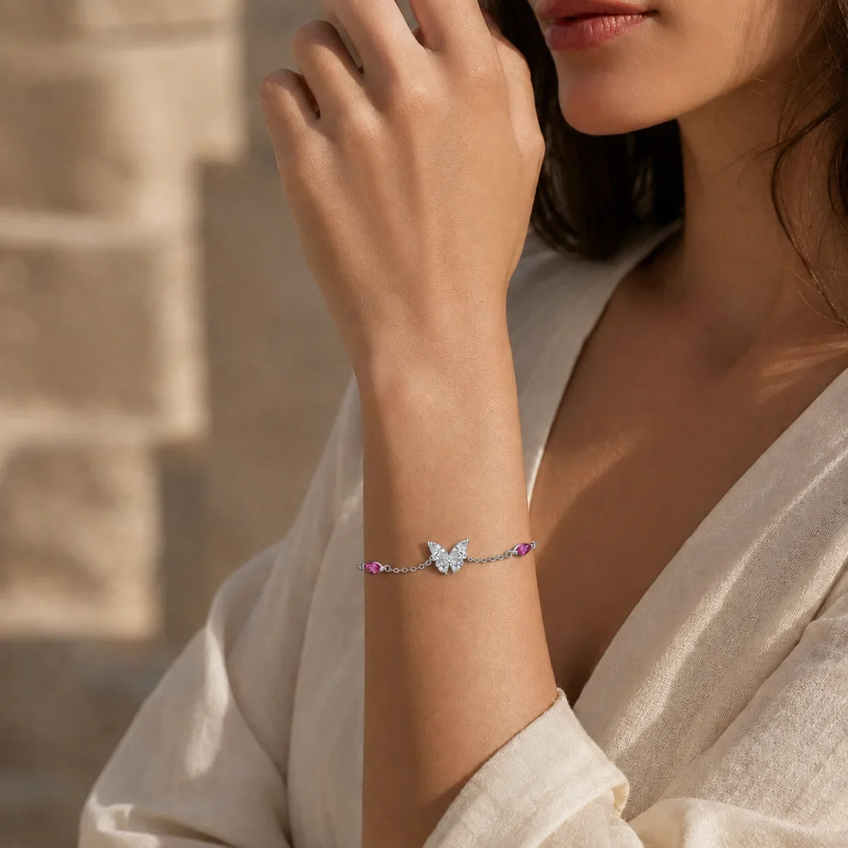 Pink Stone Butterfly Chain Bracelet