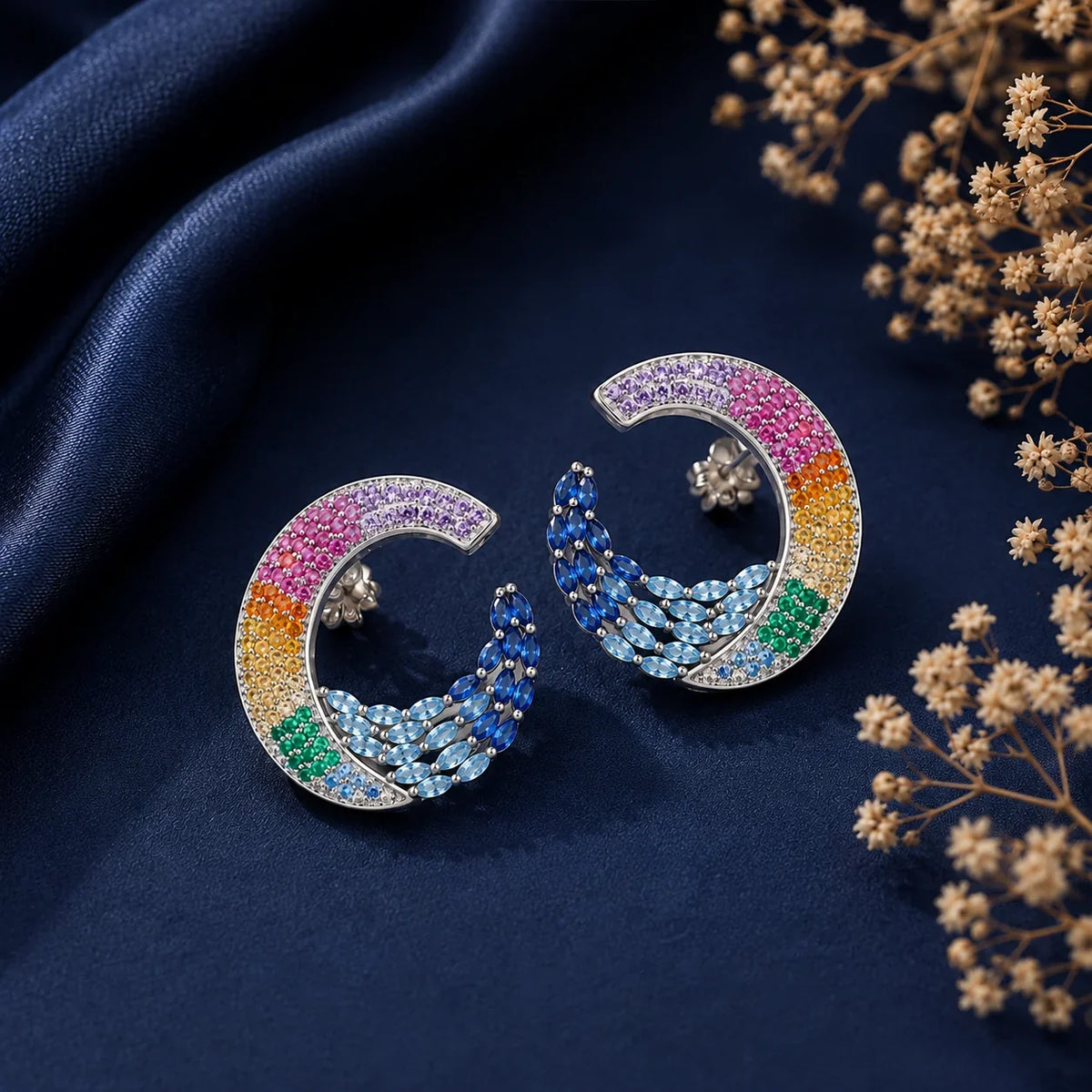 Rainbow Gemstone Peacock Hoop Earrings