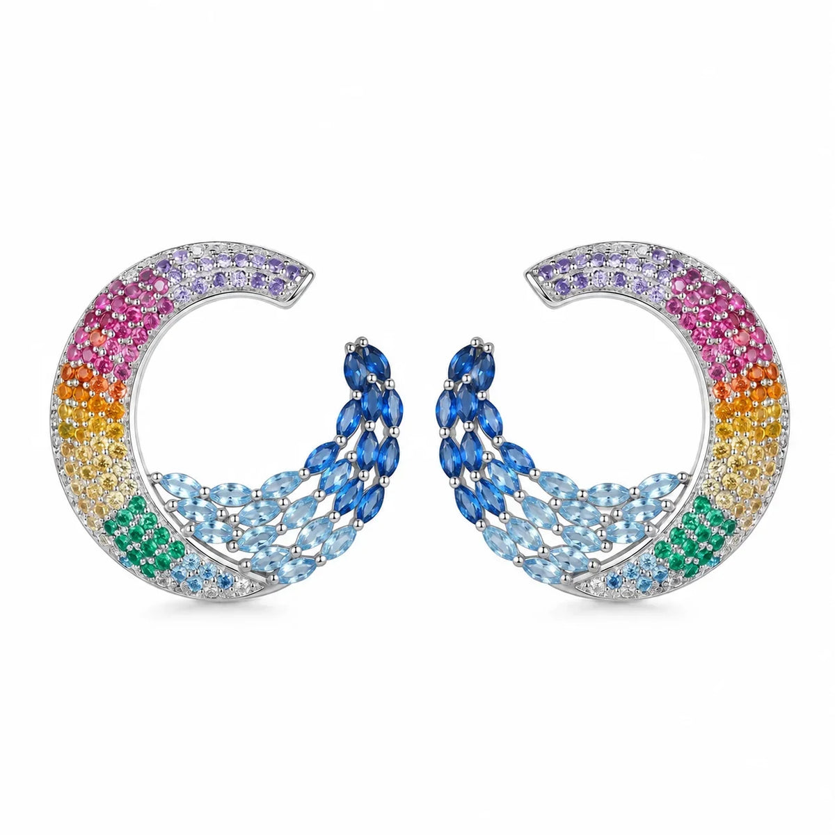 Rainbow Gemstone Peacock Hoop Earrings
