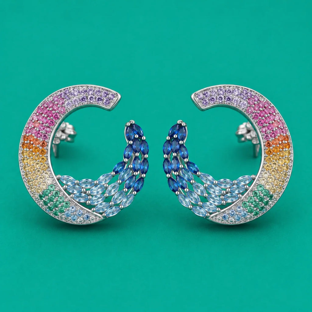 Rainbow Gemstone Peacock Hoop Earrings