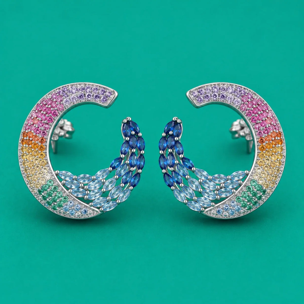 Rainbow Gemstone Peacock Hoop Earrings