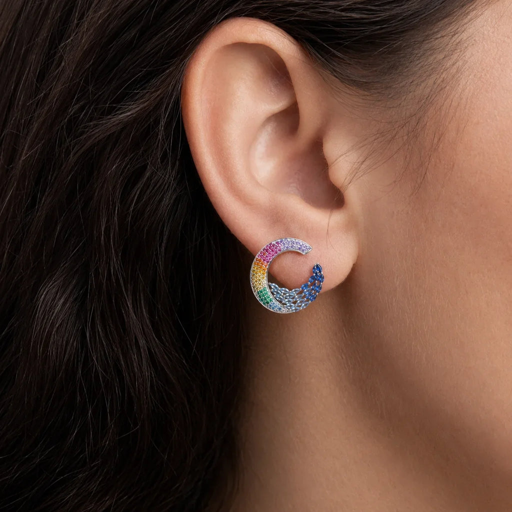 Rainbow Gemstone Peacock Hoop Earrings