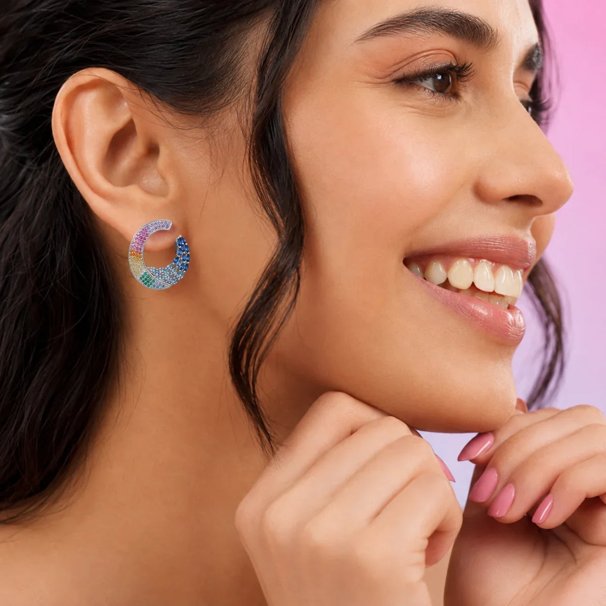 Rainbow Gemstone Peacock Hoop Earrings