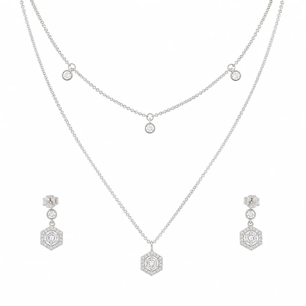 Hexagon Crystal Layered Necklace & Stud Set