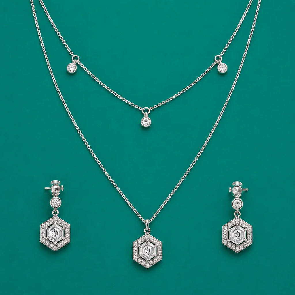 Hexagon Crystal Layered Necklace & Stud Set