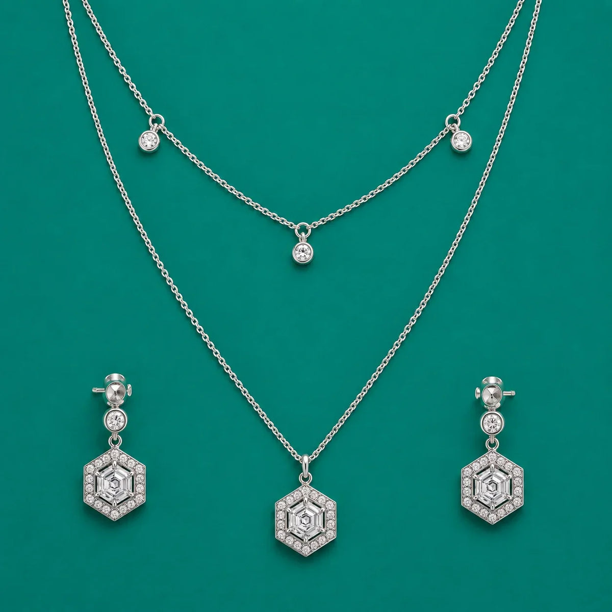 Hexagon Crystal Layered Necklace & Stud Set