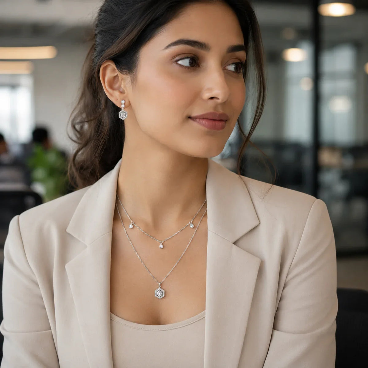 Hexagon Crystal Layered Necklace & Stud Set