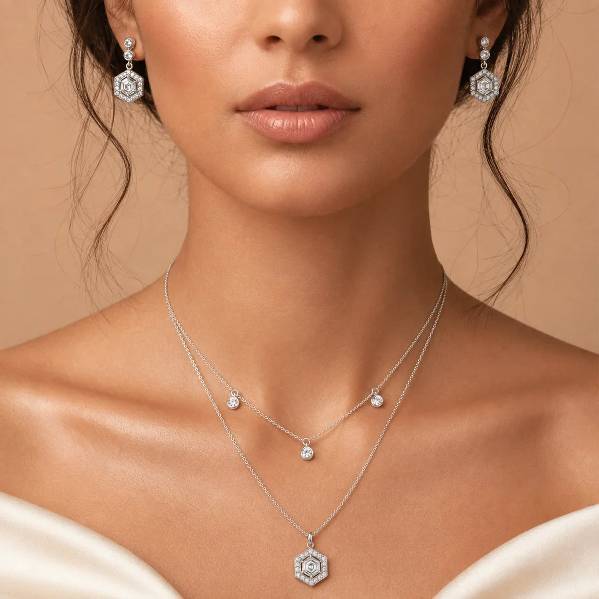 Hexagon Crystal Layered Necklace & Stud Set