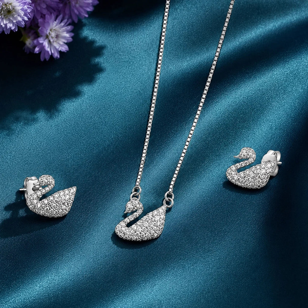 Swan Pendant Necklace & Stud Set
