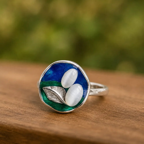 Blue & Green Enamel Nature Motif Statement Ring