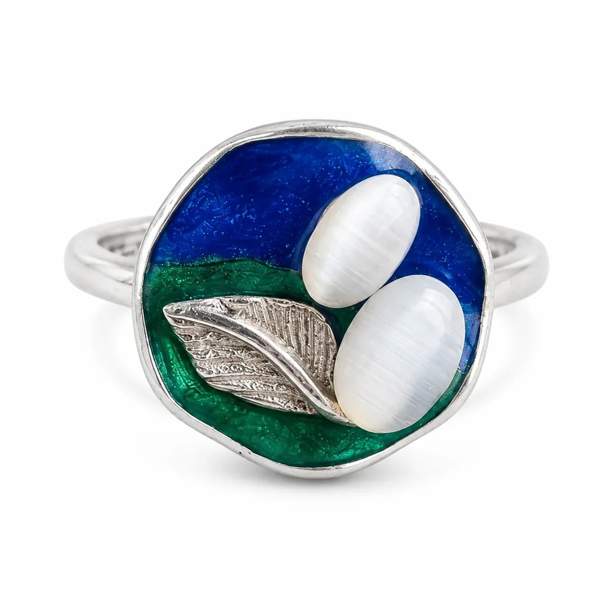 Blue & Green Enamel Nature Motif Statement Ring
