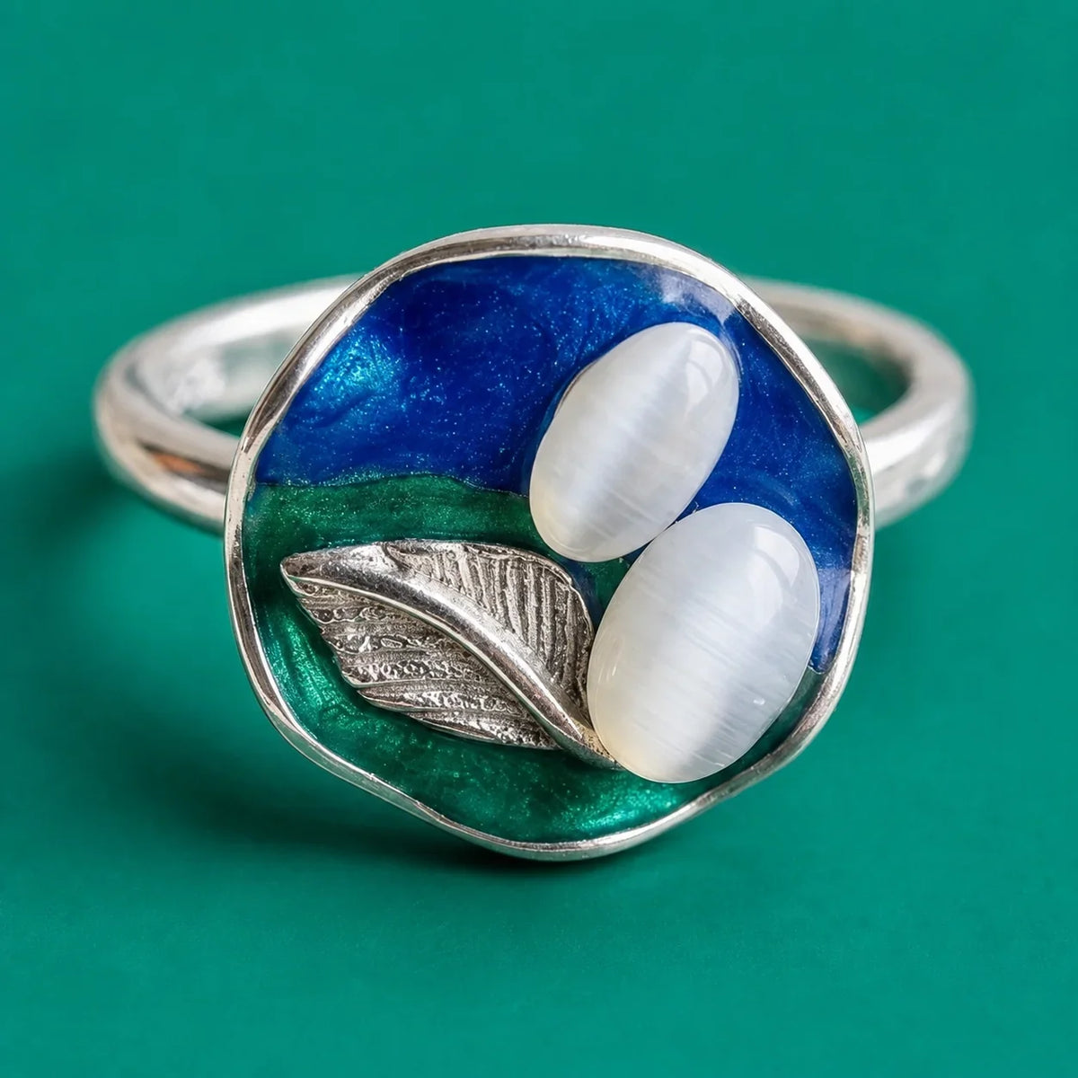 Blue & Green Enamel Nature Motif Statement Ring