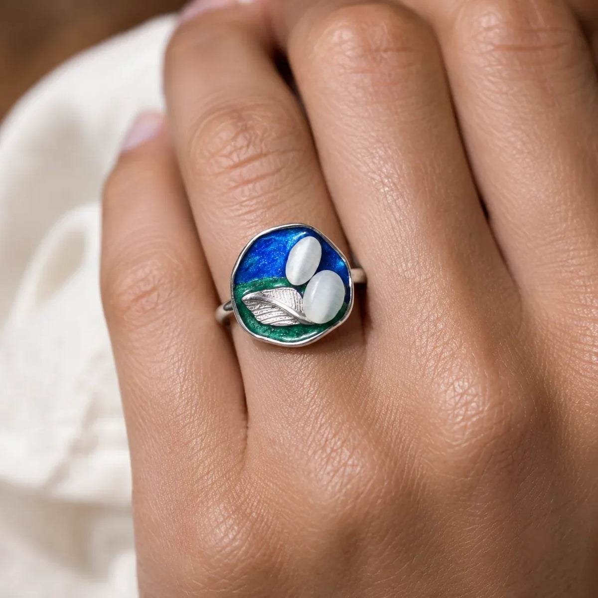 Blue & Green Enamel Nature Motif Statement Ring