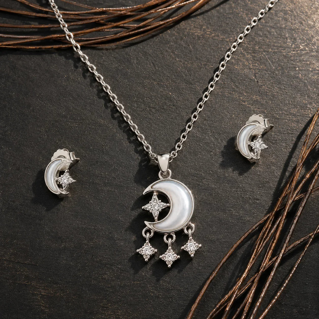 Crescent Moon & Star Necklace & Stud Set