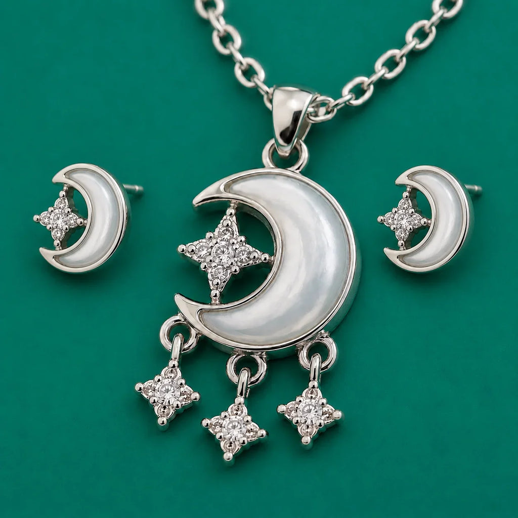 Crescent Moon & Star Necklace & Stud Set