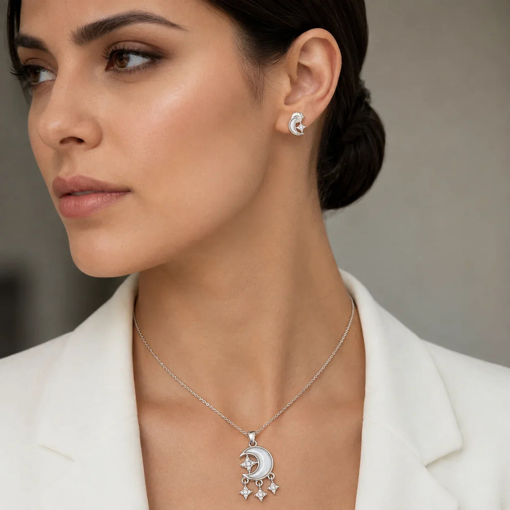 Crescent Moon & Star Necklace & Stud Set