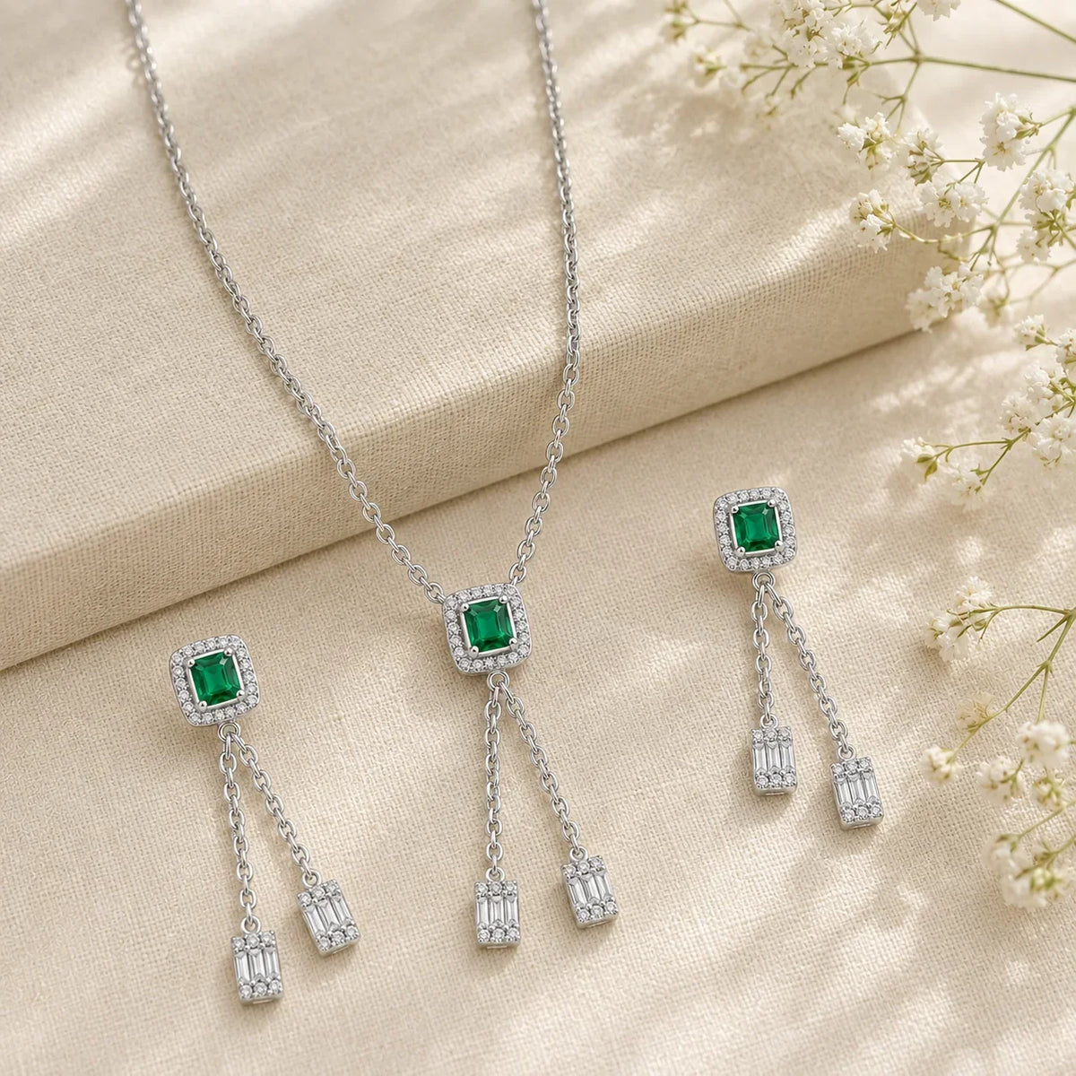 Emerald Green Halo Necklace & Earrings Set