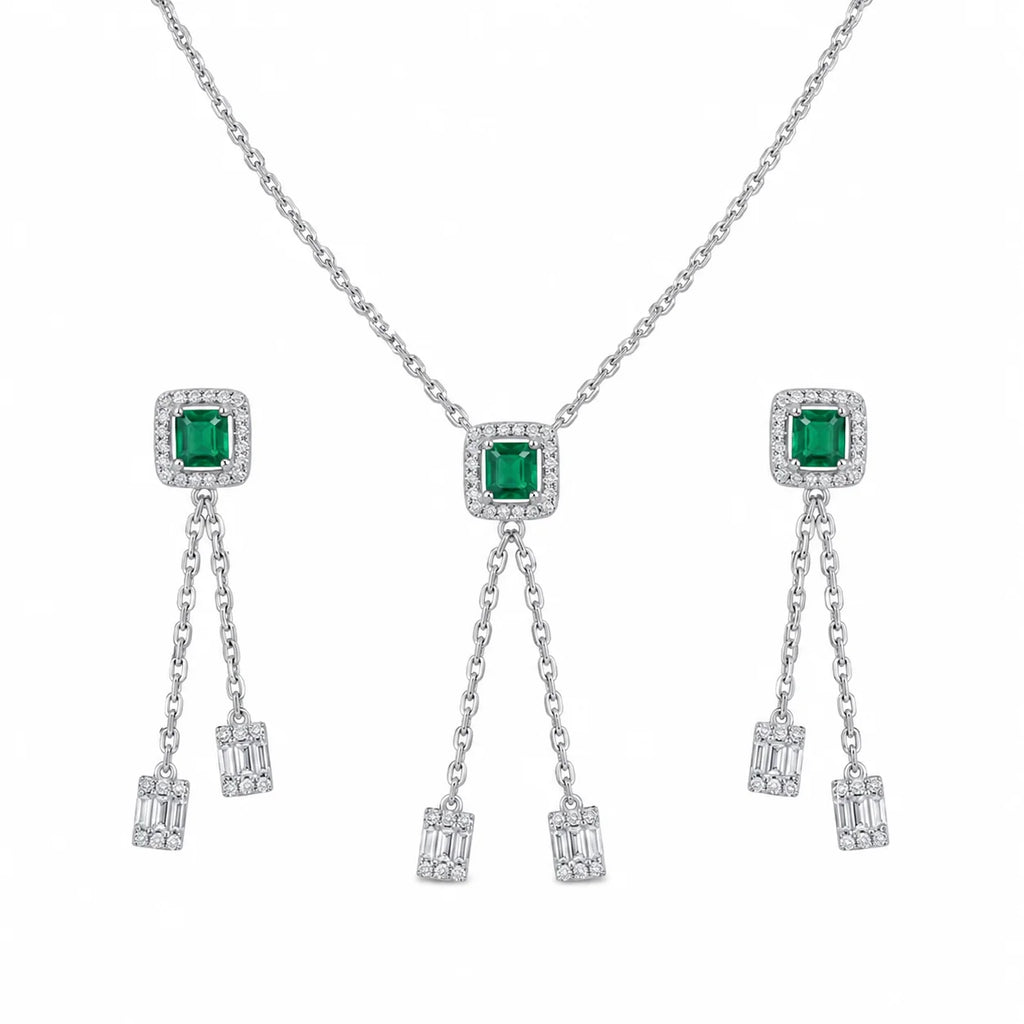 Emerald Green Halo Necklace & Earrings Set