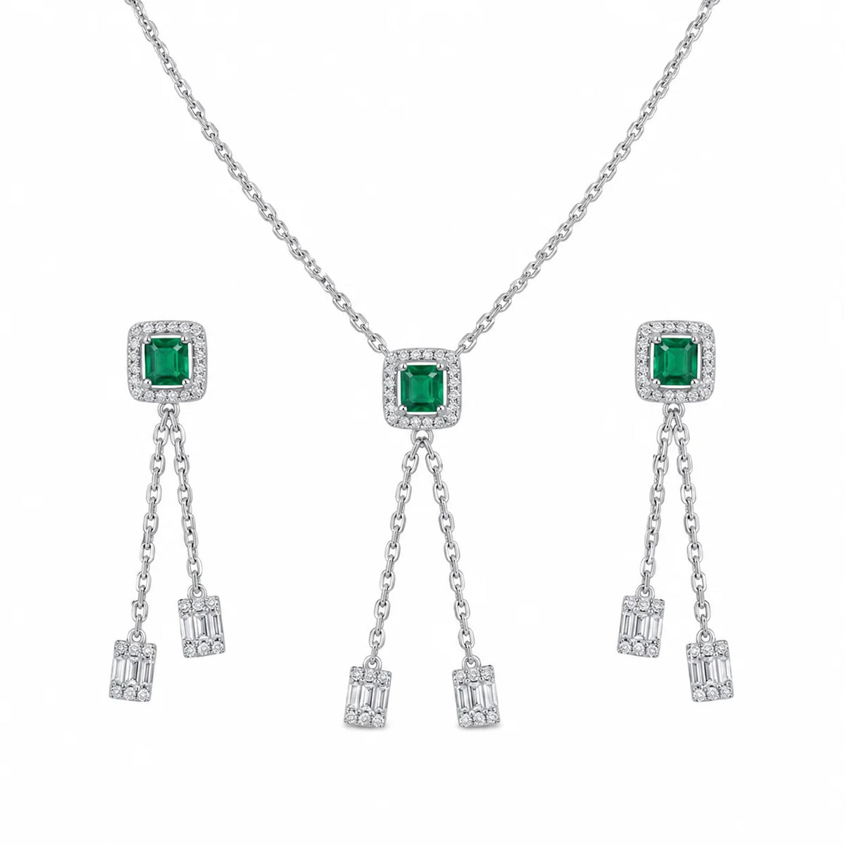 Emerald Green Halo Necklace & Earrings Set