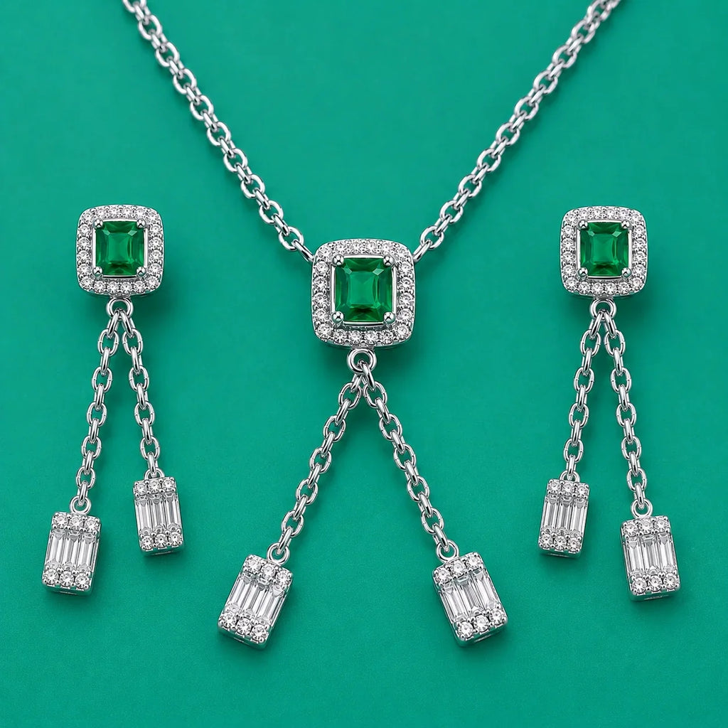 Emerald Green Halo Necklace & Earrings Set