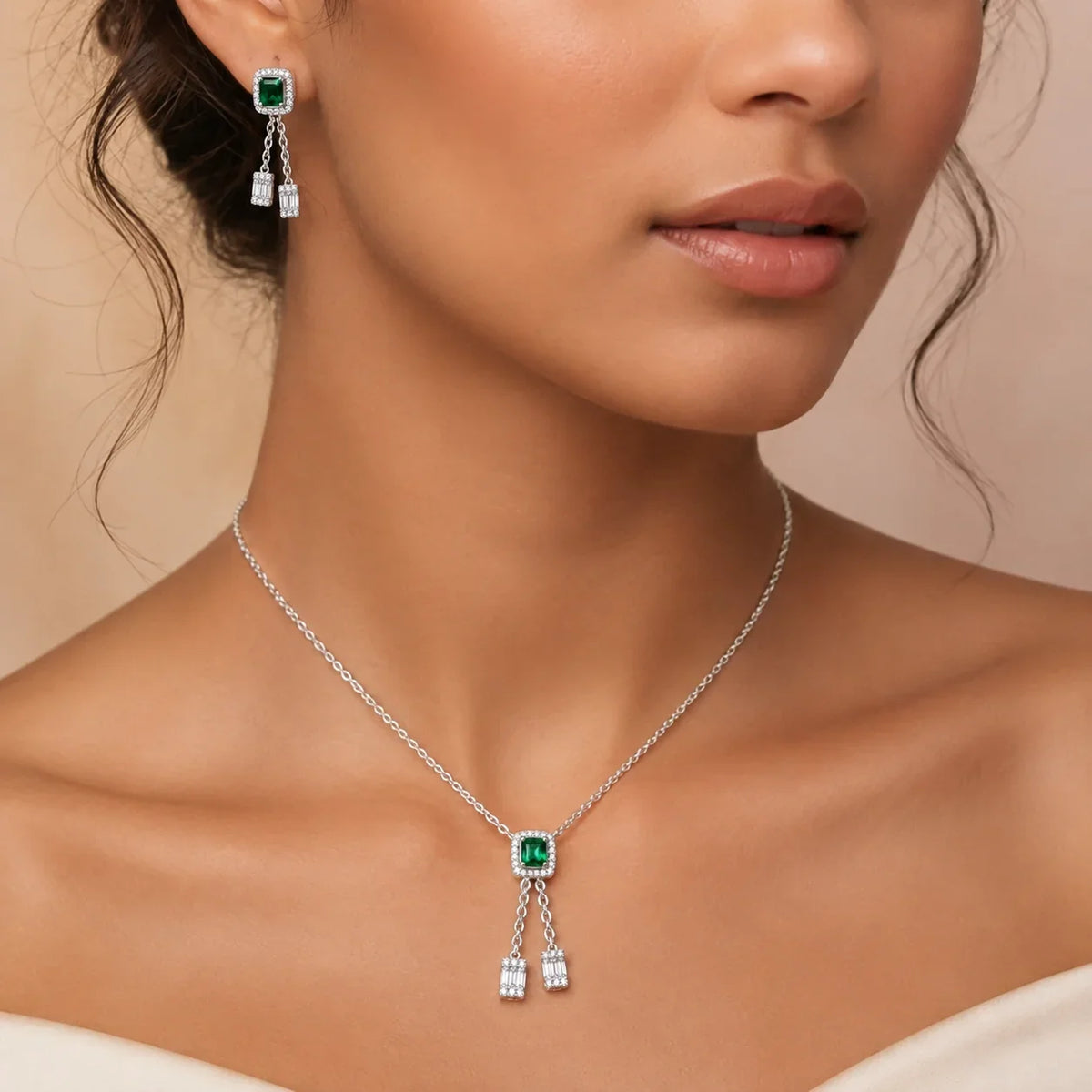 Emerald Green Halo Necklace & Earrings Set
