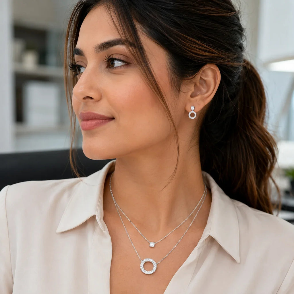 Cubic Zirconia Circle Necklace & Earrings Set