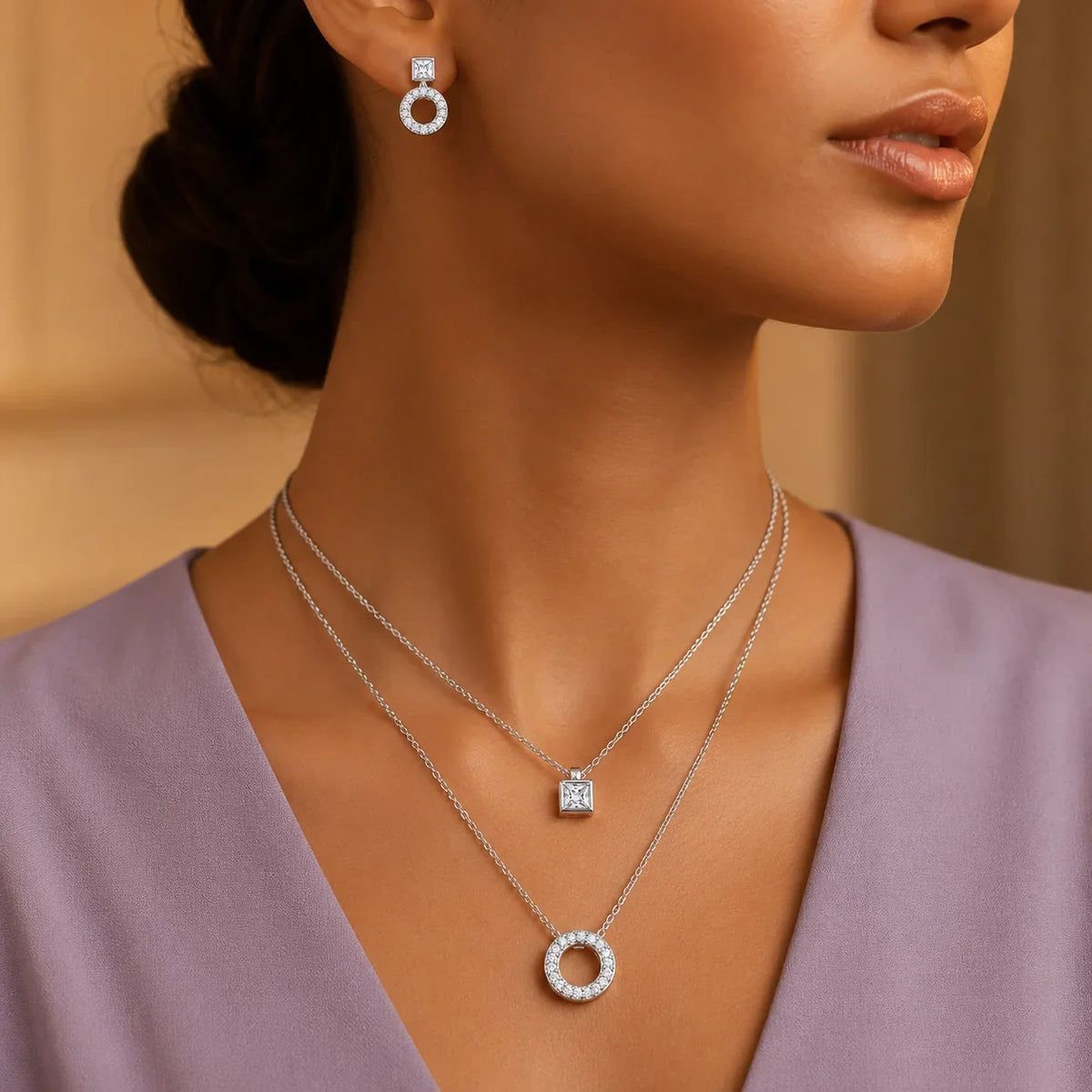Cubic Zirconia Circle Necklace & Earrings Set