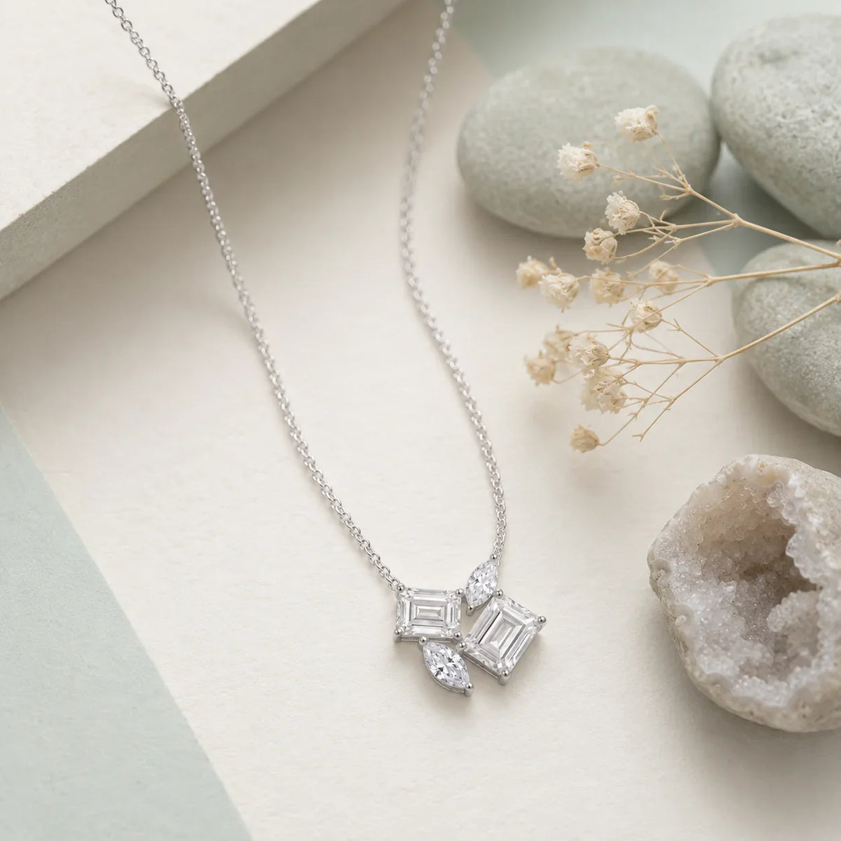 Emerald Cut Crystal Cluster Pendant Necklace