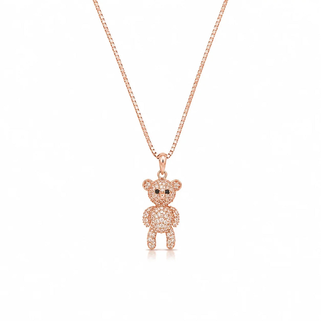 Rose Gold Crystal Teddy Bear Pendant Necklace