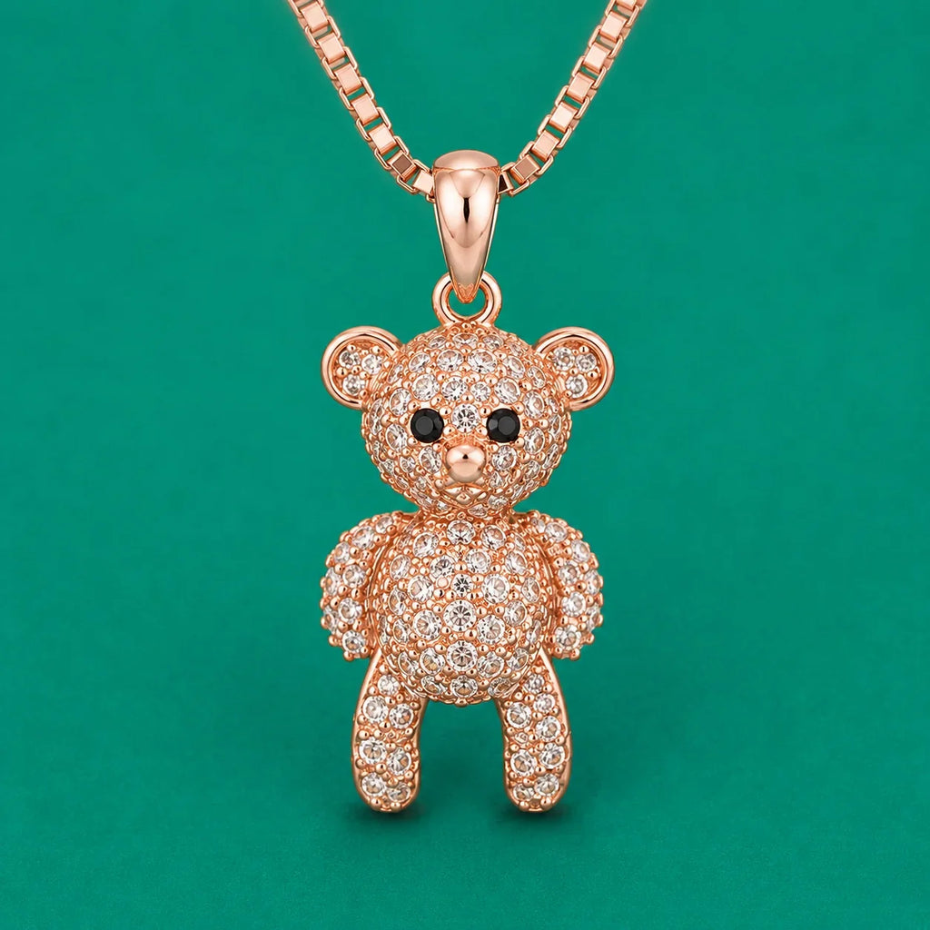 Rose Gold Crystal Teddy Bear Pendant Necklace