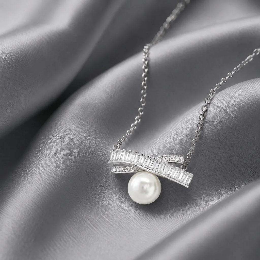 Pearl & Baguette Bar Pendant Necklace