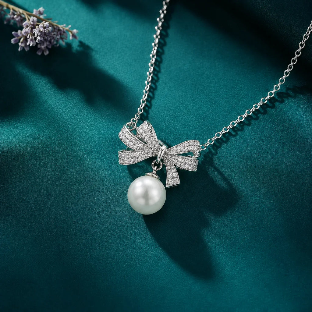 Crystal Bow Pearl Drop Pendant Necklace