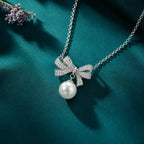 Crystal Bow Pearl Drop Pendant Necklace